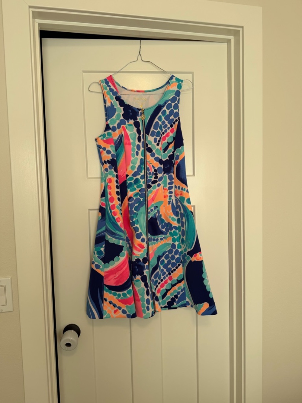 Sleeveless Abstract Print A-Line Dress in Navy and Turquoise